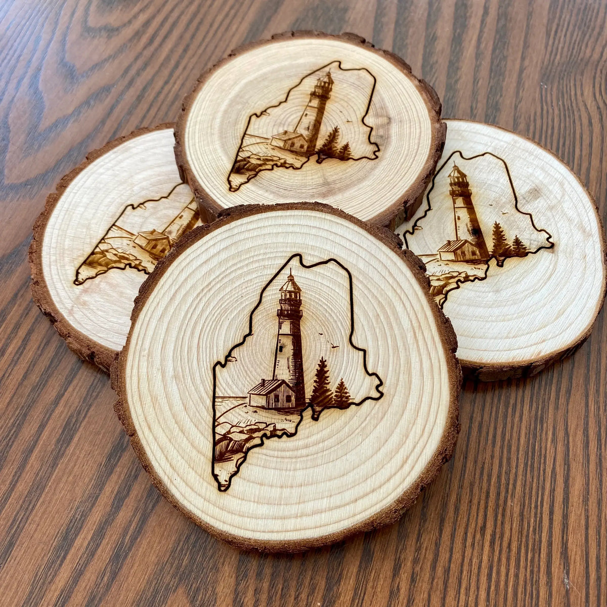 Engraved Maine Themed Wood Coaster