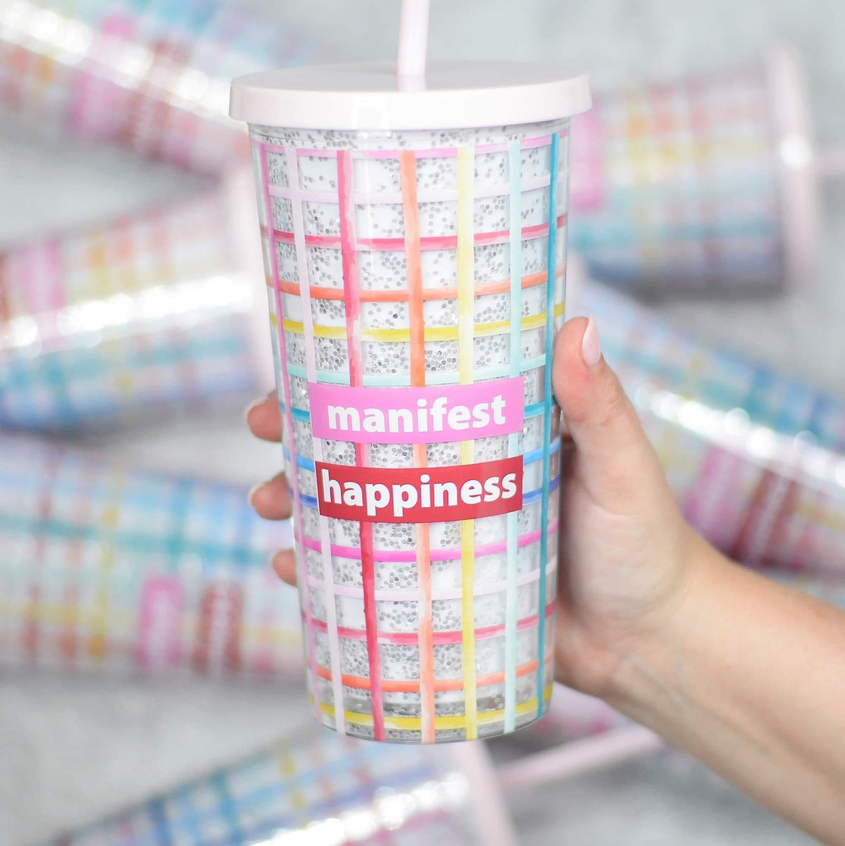 Manifest Happiness Glitter Tumbler — IN STOCK