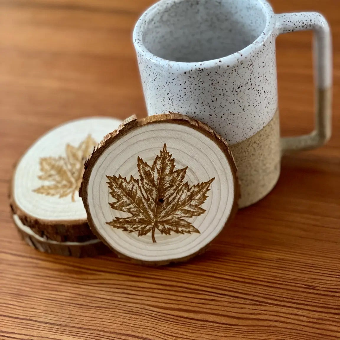 Engraved Wood Maple Leaf Coaster